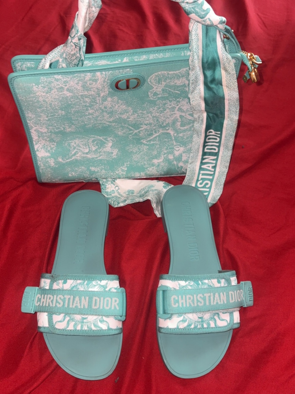 Dior Turquoise/White Tote Bag with Matching Turquoise Slides